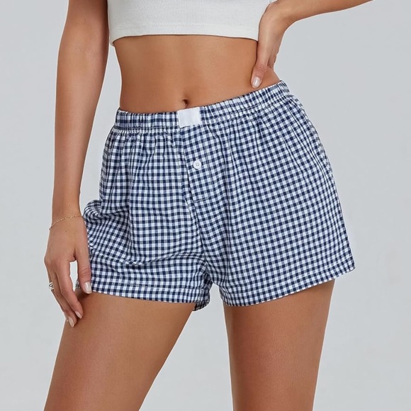 Chic Nation Pants - Women's Blue Checkered pajama bottoms shorts